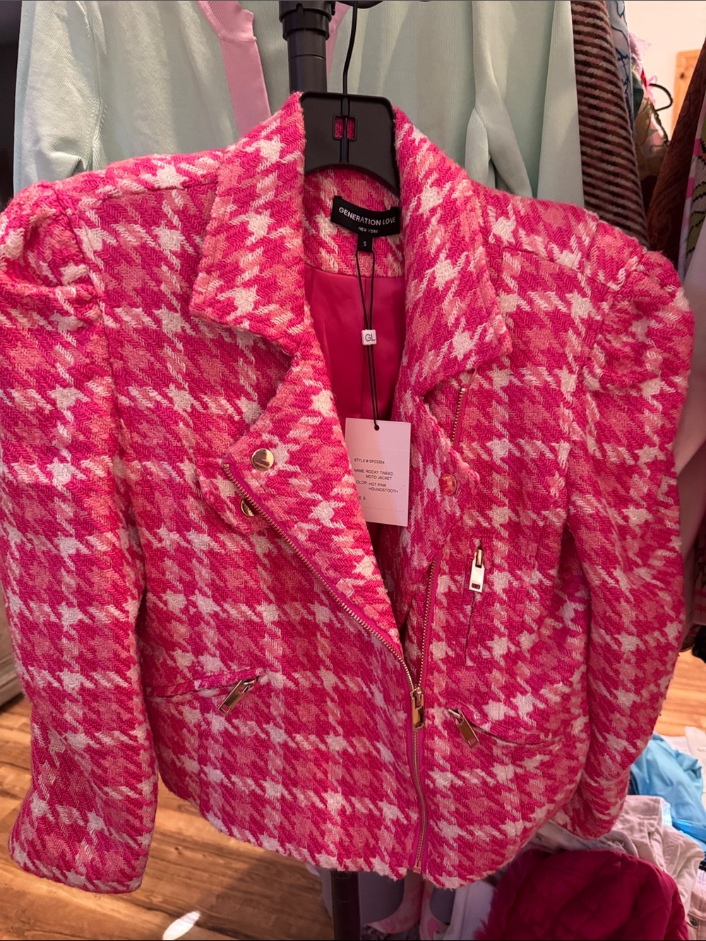 L'AGENCE Pink and White Houndstooth Tweed Moto Blazer